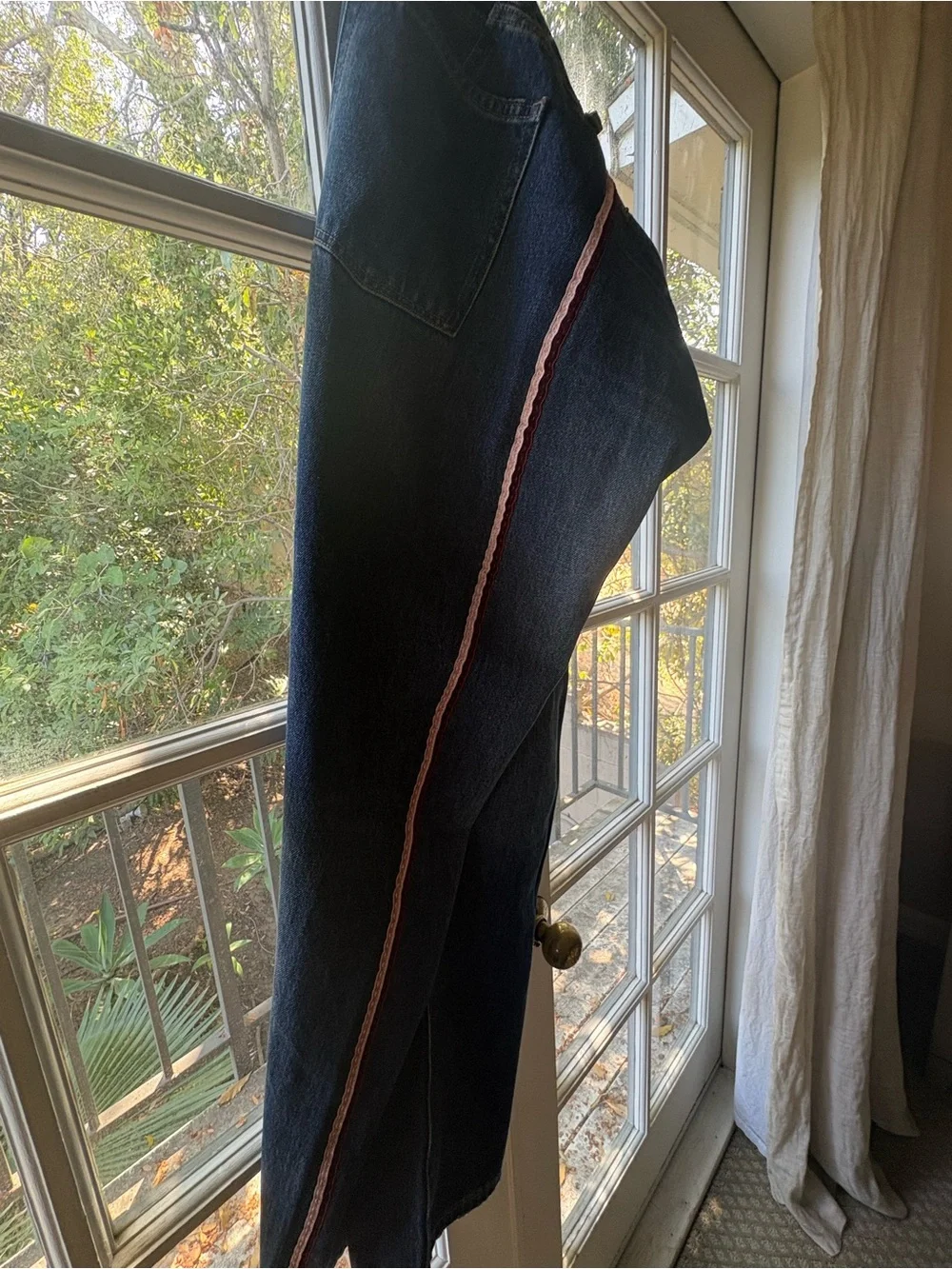 J. Crew Straight-Leg Dark Blue Jeans with Red & Pink Side Stripes
